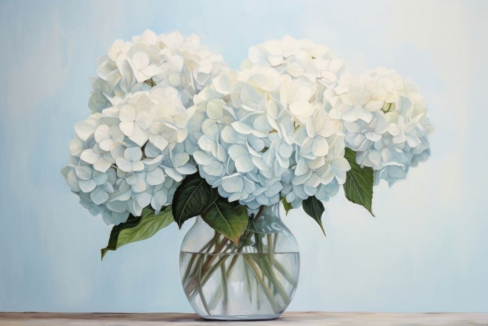 Close up on pale blue hydrangea in vase painting flower plant.