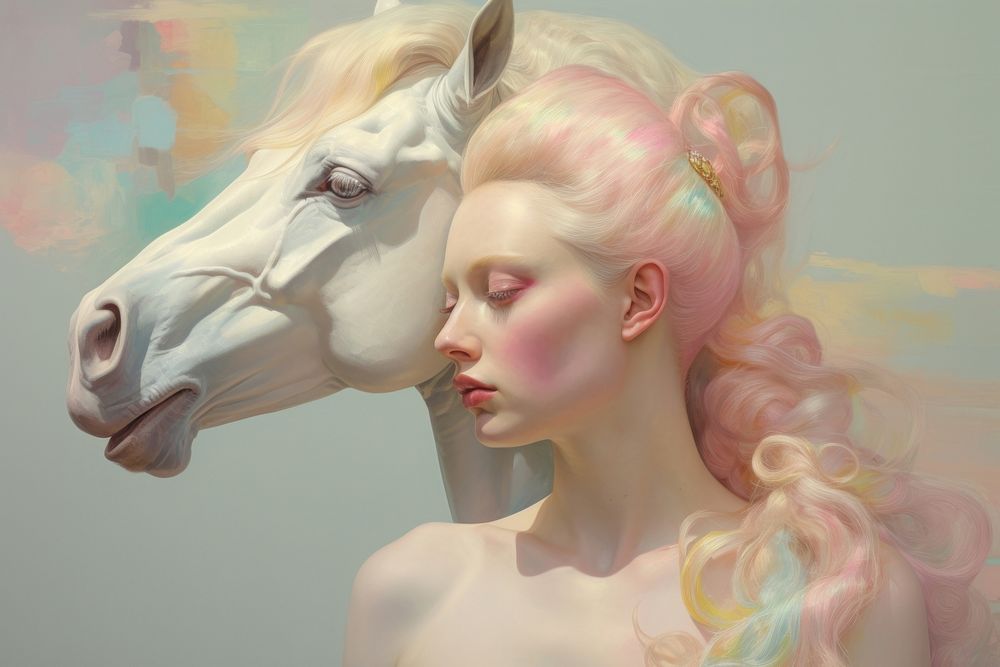 Close up on pale woman Unicorn pastel rainbow painting portrait animal.