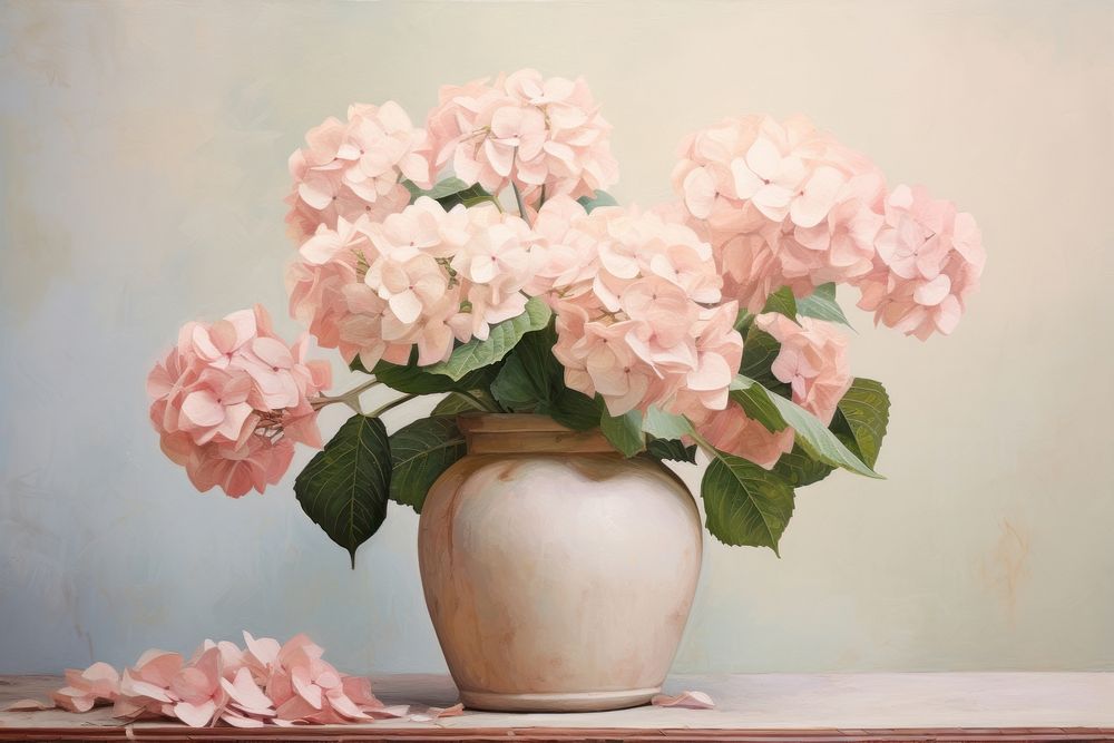 Close up on pale pink hydrangea in vase painting flower plant.