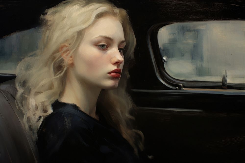 Close up on pale woman Black Car portrait painting adult.
