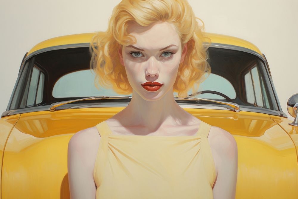 Close up on pale woman Yellow Car car portrait painting.