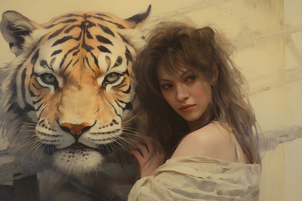 Close up on pale woman Tiger painting tiger portrait.