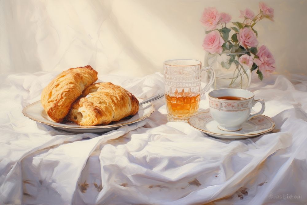 Close up on pale a breakfast croissant painting food.