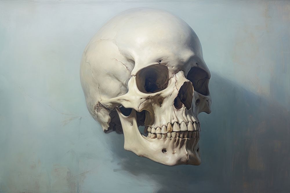 Close up on pale Glass Skull painting anthropology skeleton.