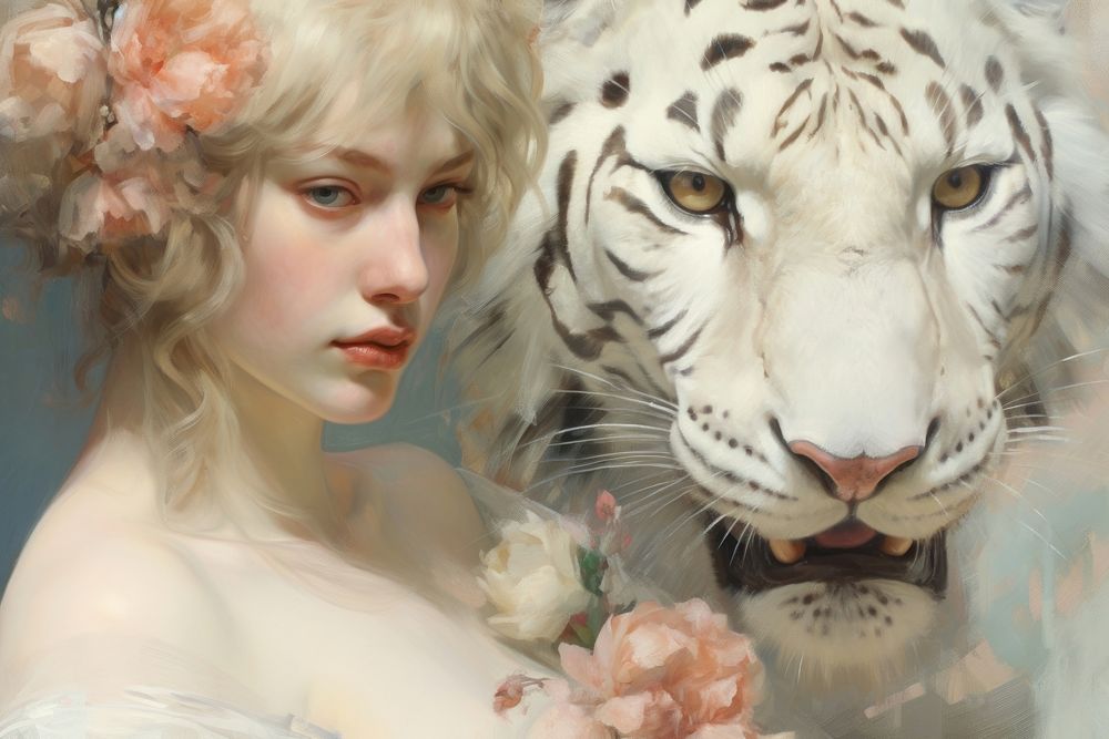Close up on pale woman Tiger tiger painting animal.