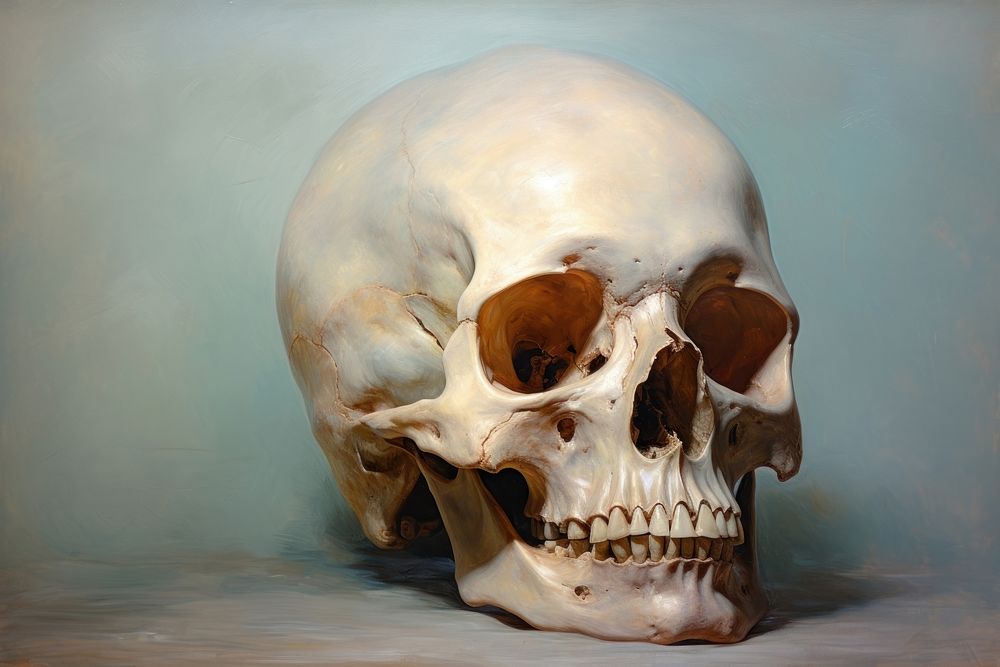 Close up on pale Glass Skull painting anthropology sculpture.