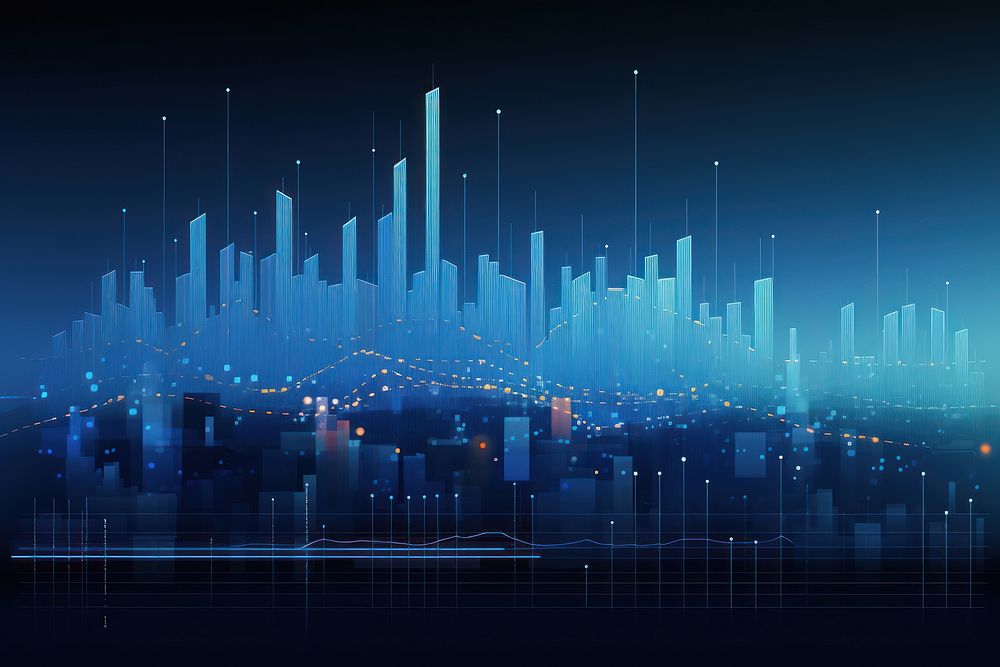Abstract data graph with charts cityscape architecture night.