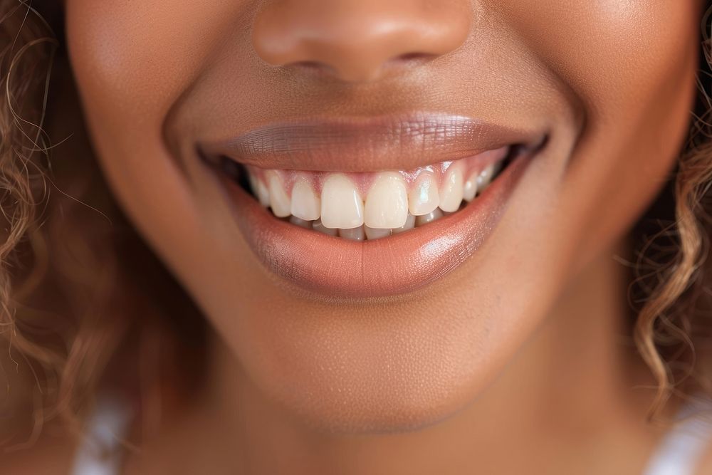 Brown woman smile teeth adult skin lip.