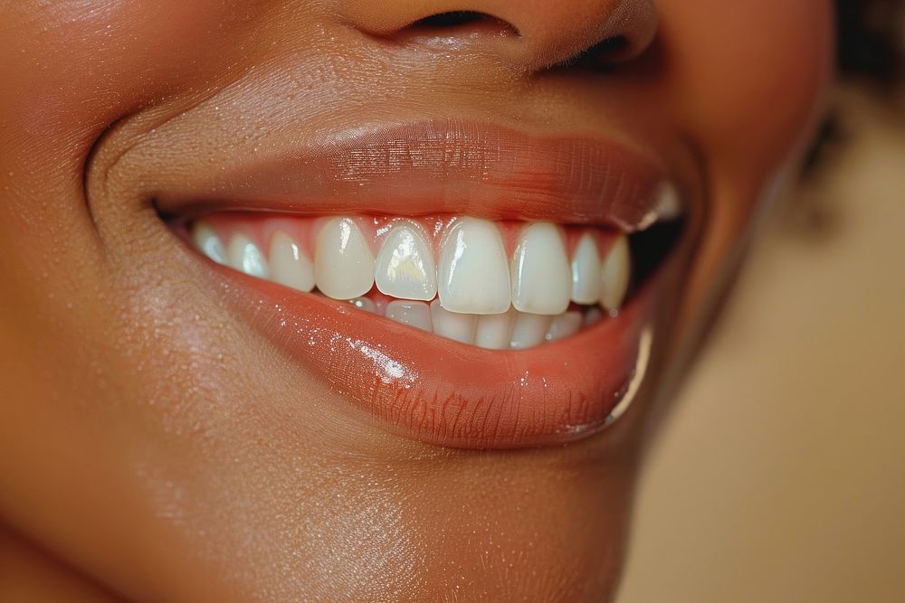 Brown woman smile teeth skin lip medication.