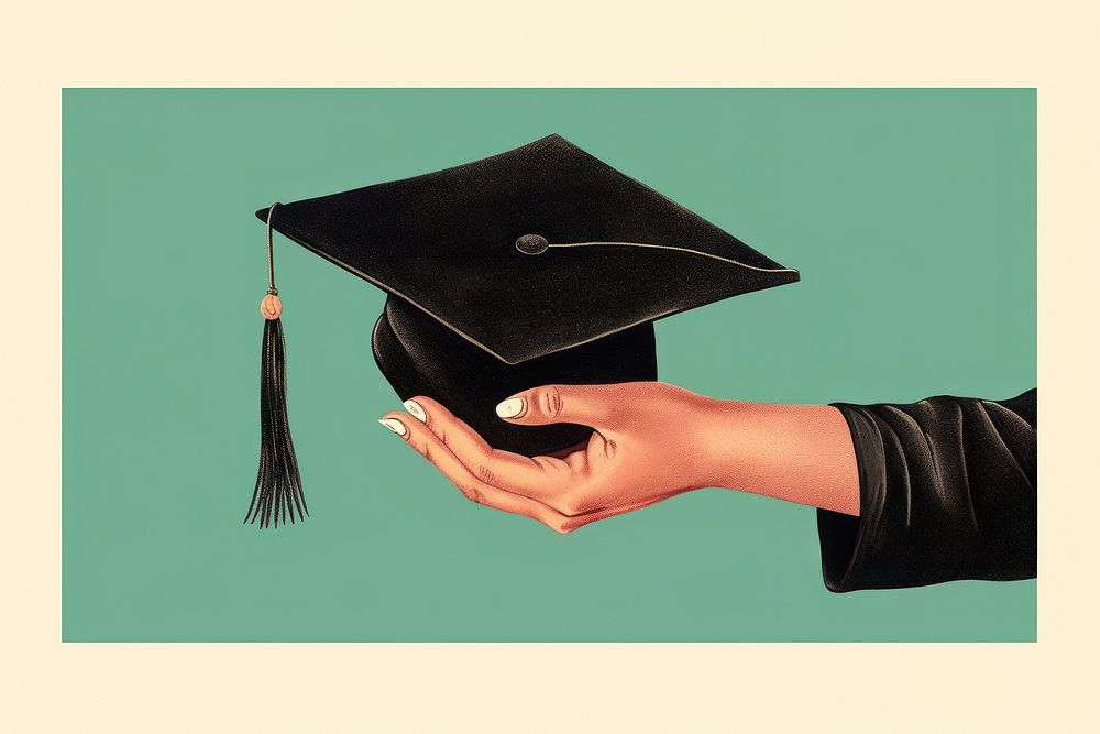 Graduation cap holding green hand.