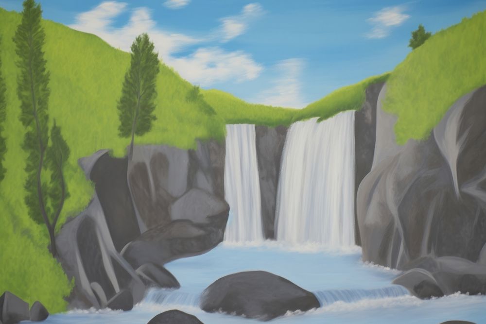 Waterfall landscape painting outdoors.