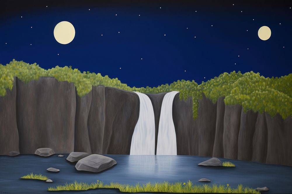 Waterfall landscape painting night.