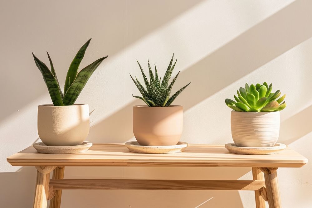 Indoor plant pots at home on wooden tables windowsill aloe arrangement.