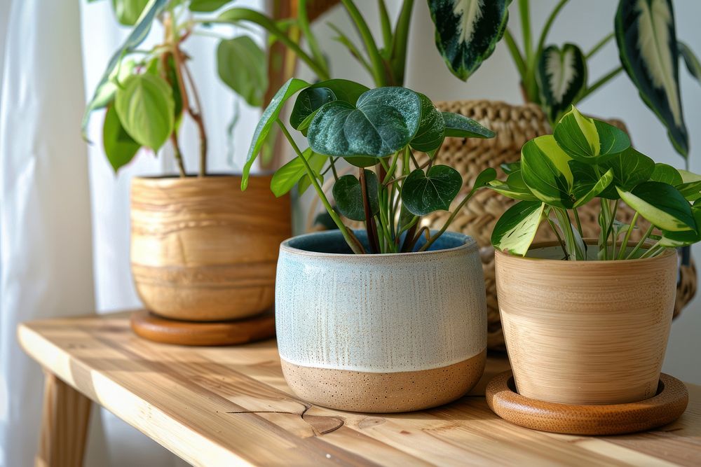 Indoor plant pots at home on wooden tables windowsill leaf houseplant.