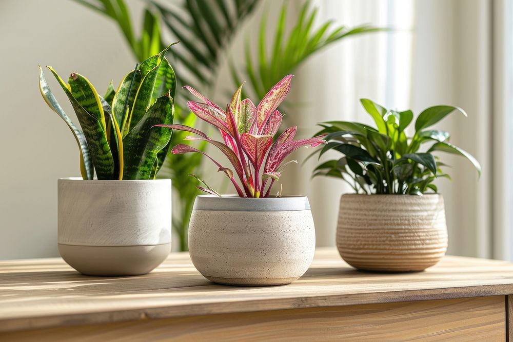 Indoor plant pots at home on wooden tables windowsill arrangement houseplant.