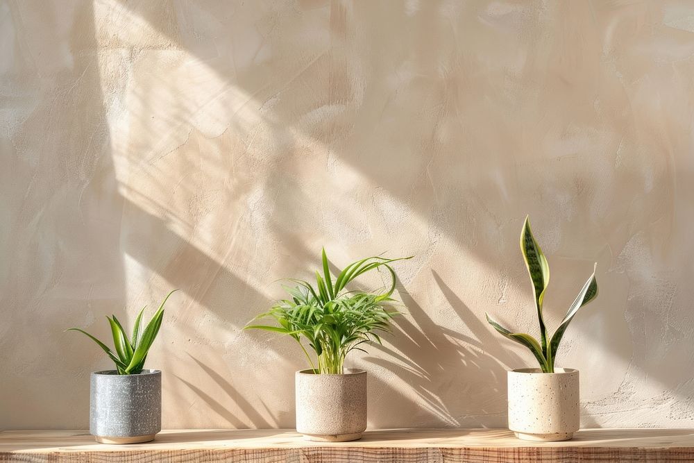 Indoor plant pots at home on wooden tables wall architecture houseplant.