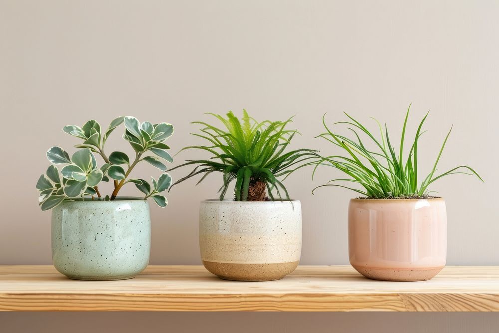 Indoor plant pots at home on wooden tables windowsill vase arrangement.