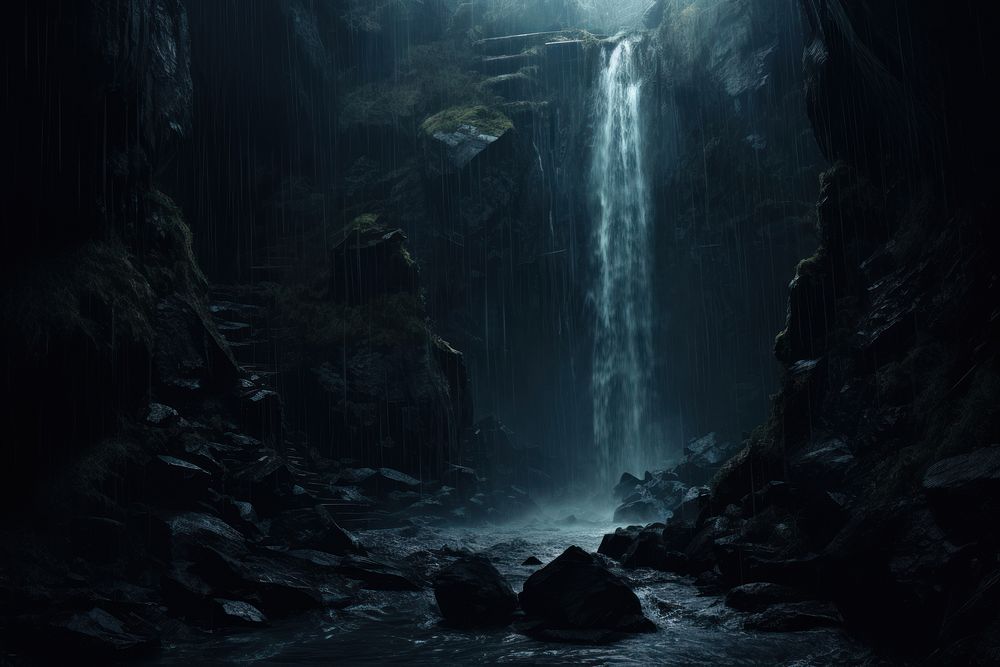 Waterfall darkness outdoors nature.