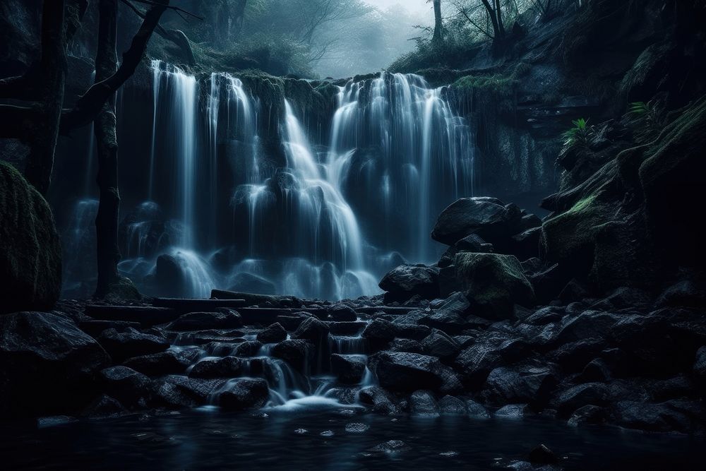 Waterfall landscape darkness outdoors.