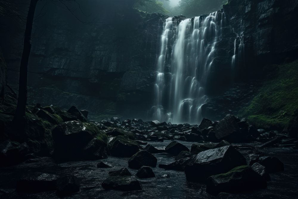 Waterfall darkness outdoors nature.