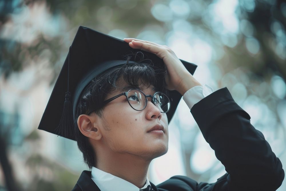 Hong konger man holding a graduation hat glasses student contemplation.