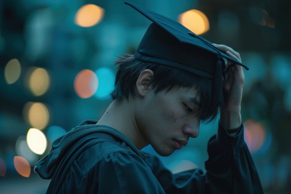 Hong konger man holding a graduation hat photo disappointment contemplation.
