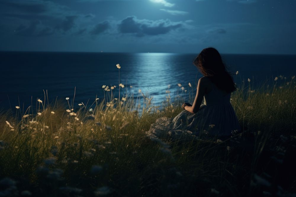 Lonely girl on rose petals grass night sea.