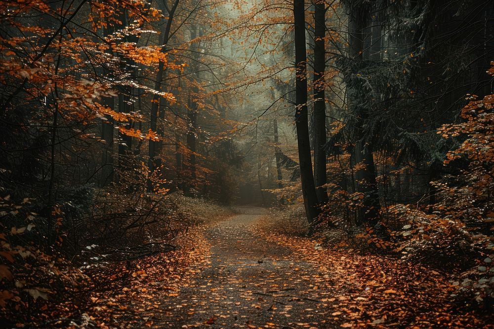 Autumn forest light tranquility landscape.
