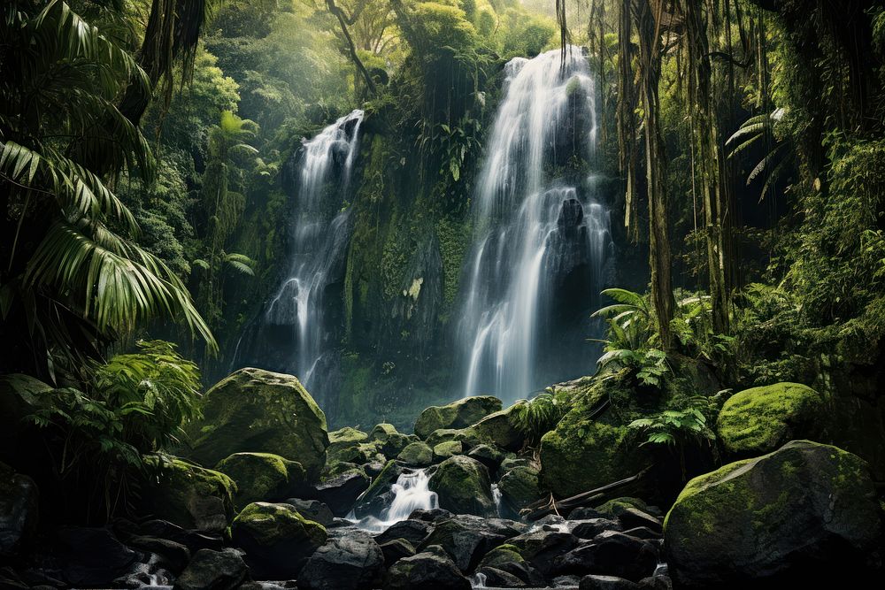 Tall waterfall forest vegetation rainforest.
