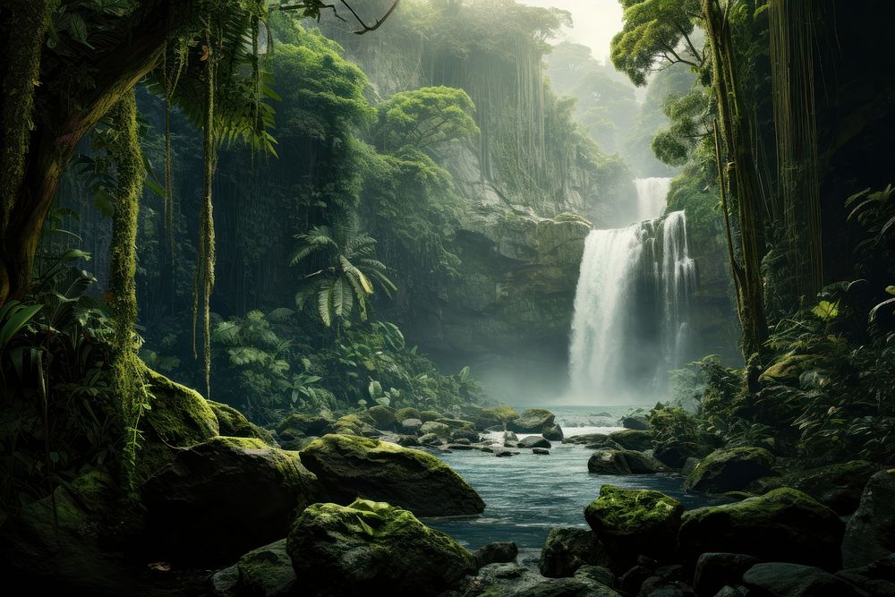 Tall waterfall forest vegetation rainforest.