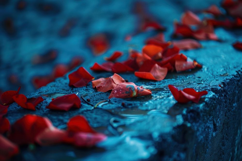 Rose petals leaf blue backgrounds.