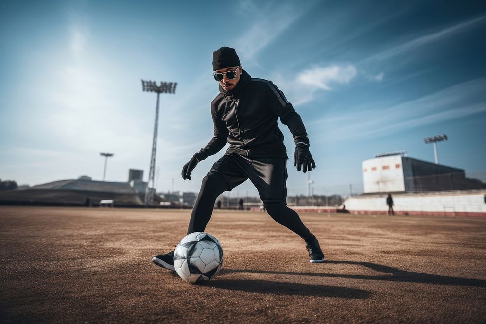 Adult man playing soccer football sports black.