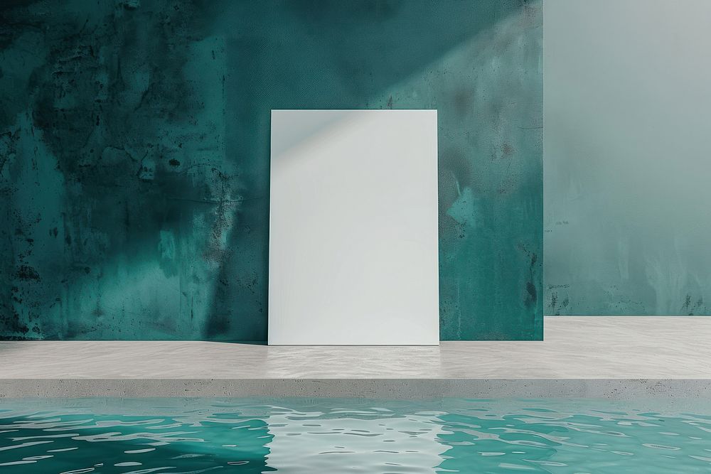 Poster floating on water surface mockup architecture turquoise outdoors.