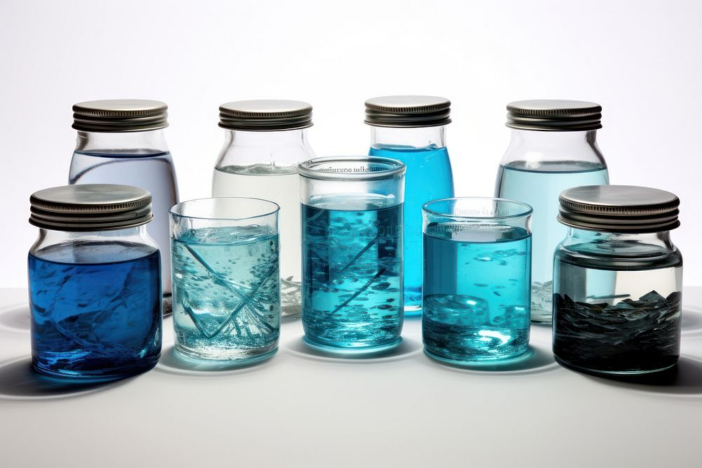 Blue gallon glass jar white background.