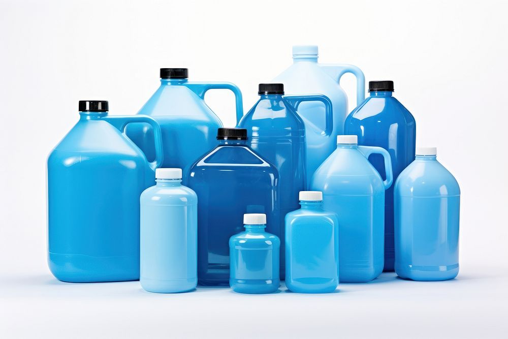 Blue gallon bottle white background arrangement.