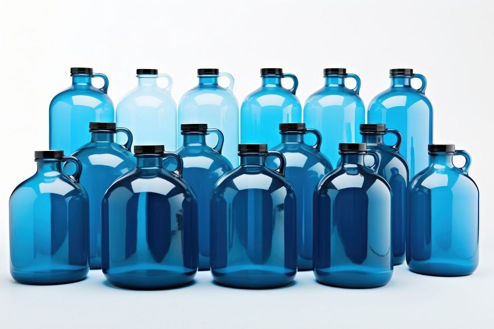 Blue gallon bottle white background arrangement.