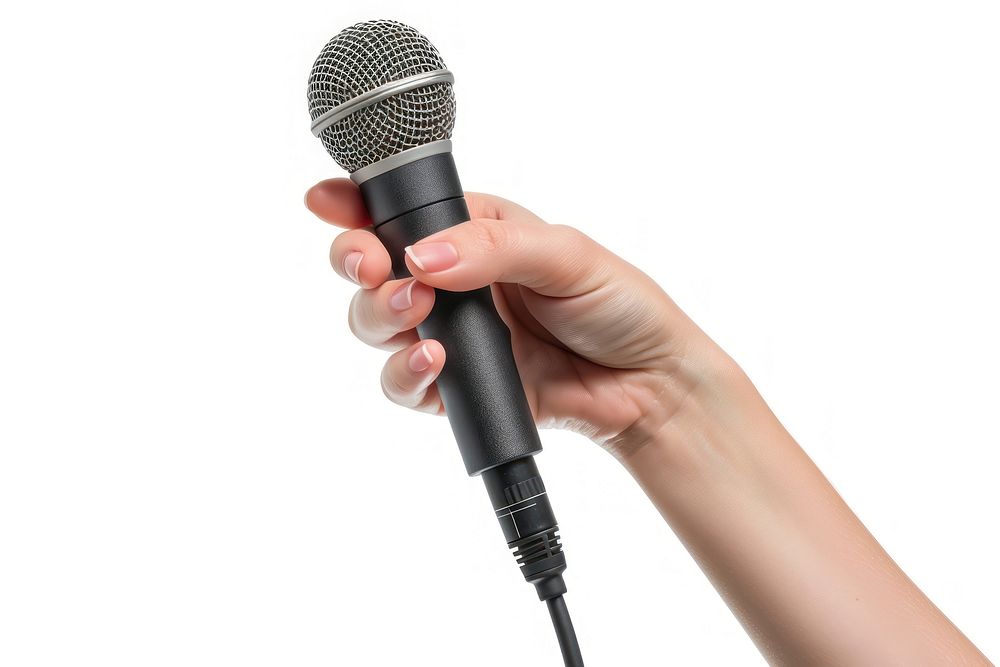 Woman hand holding microphone white background performance technology.
