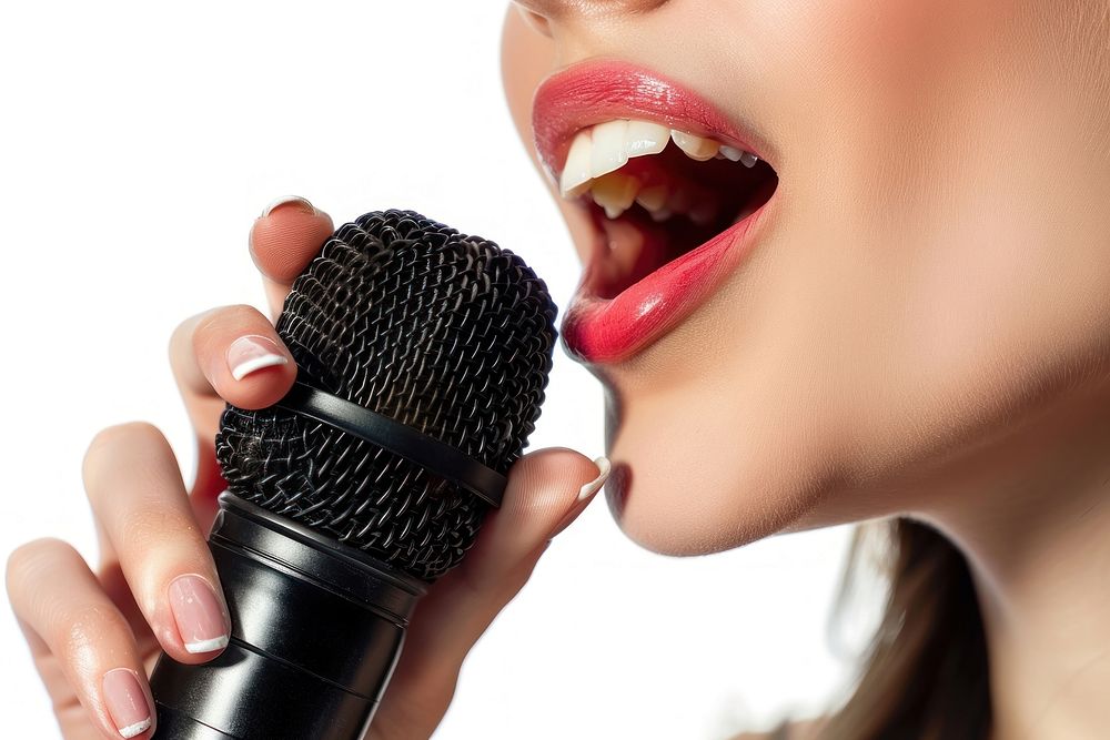 Woman microphone cosmetics lipstick.