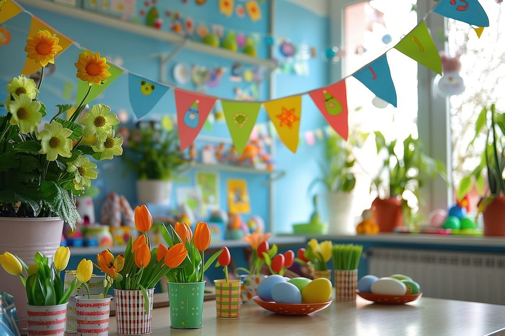 Classroom in easter decoration party plant.