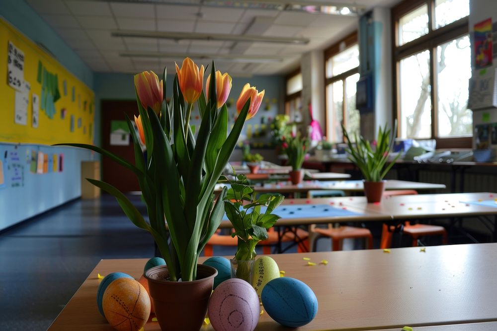 Classroom in easter architecture flower table.
