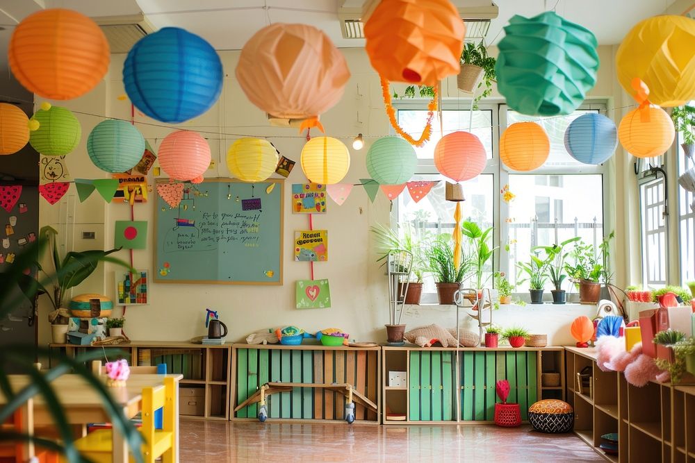 Classroom in summer decoration balloon party.