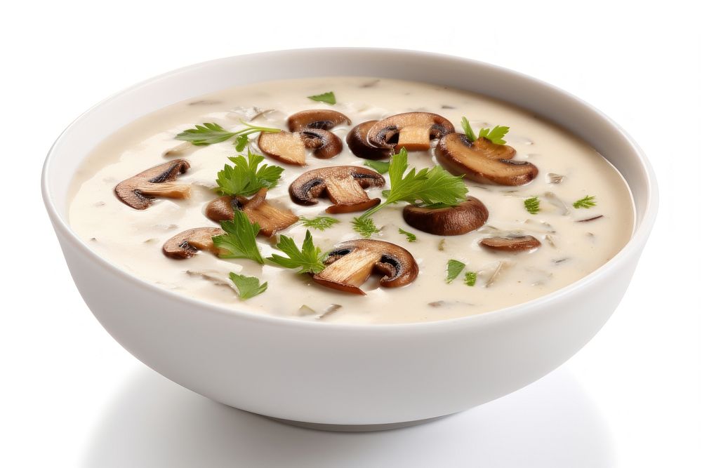 Delicious cream Bowl of mushroom soup bowl herbs food.