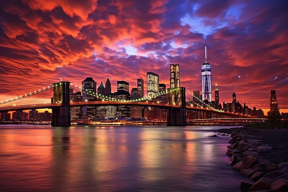 Downtown Manhattan at Dusk architecture landscape cityscape.