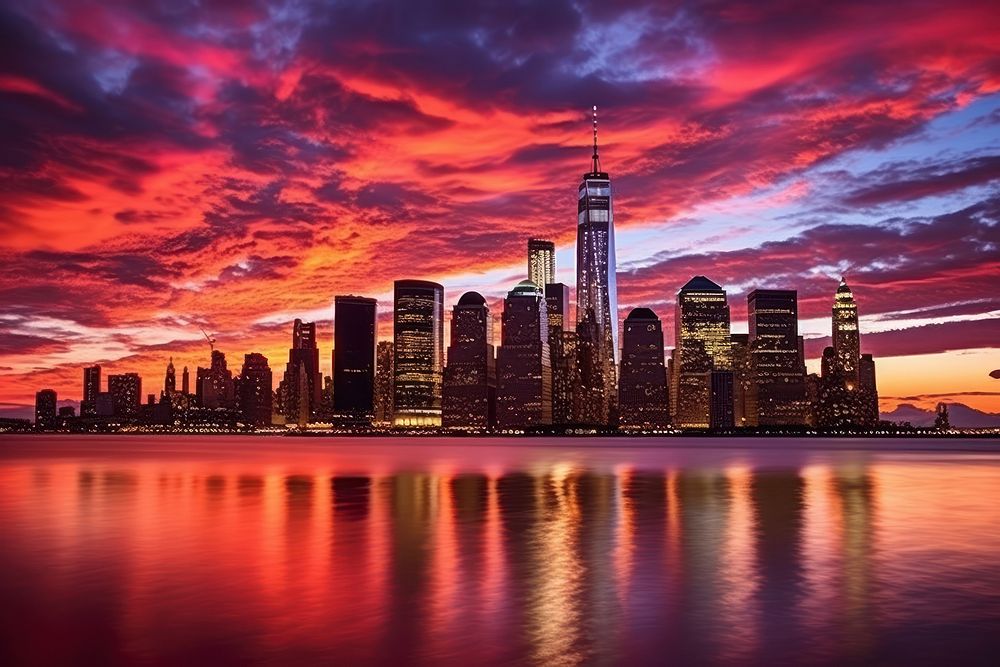 Downtown Manhattan at Dusk architecture landscape cityscape.