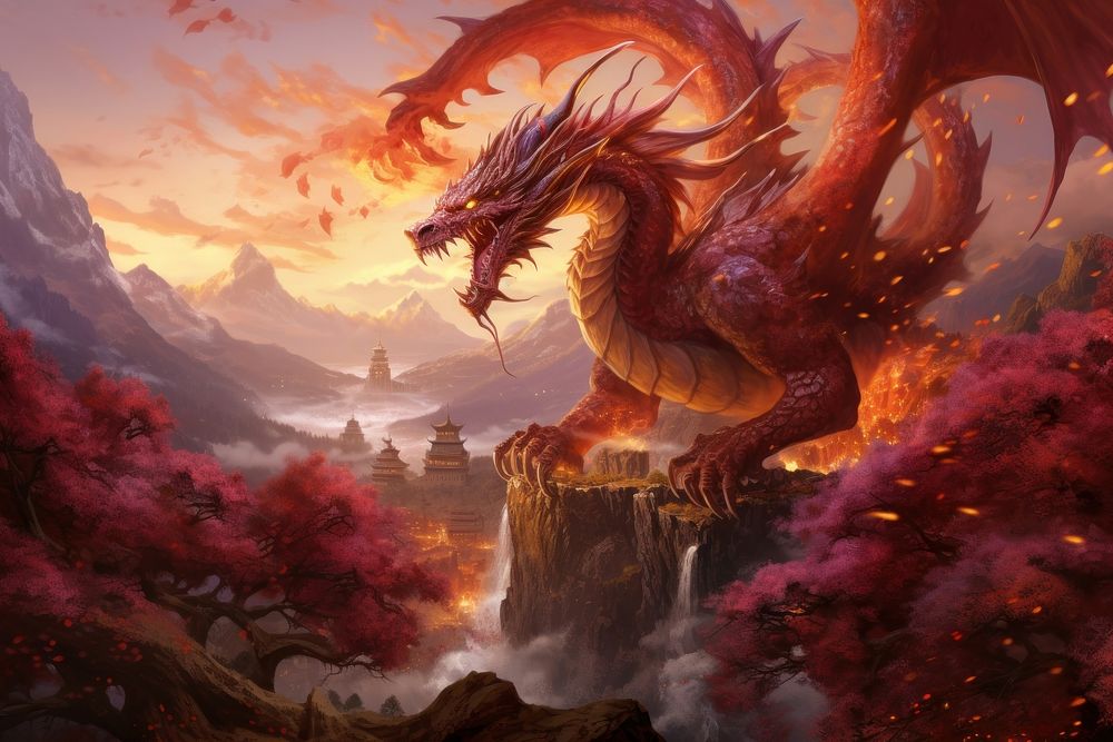 Dragon roaring fire mountain creativity landscape.