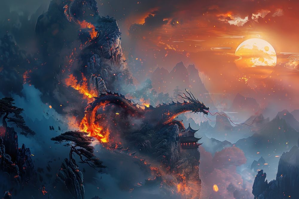 Dragon roaring fire mountain outdoors nature.