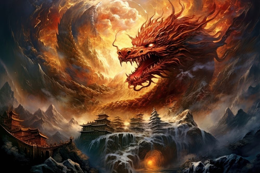 Dragon roaring fire mountain representation creativity.