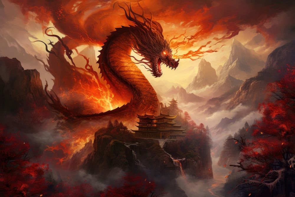 Dragon roaring fire mountain outdoors nature.
