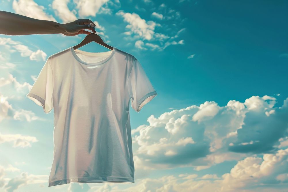 Hand holding t-shirt on hanger sky beachwear clothing.