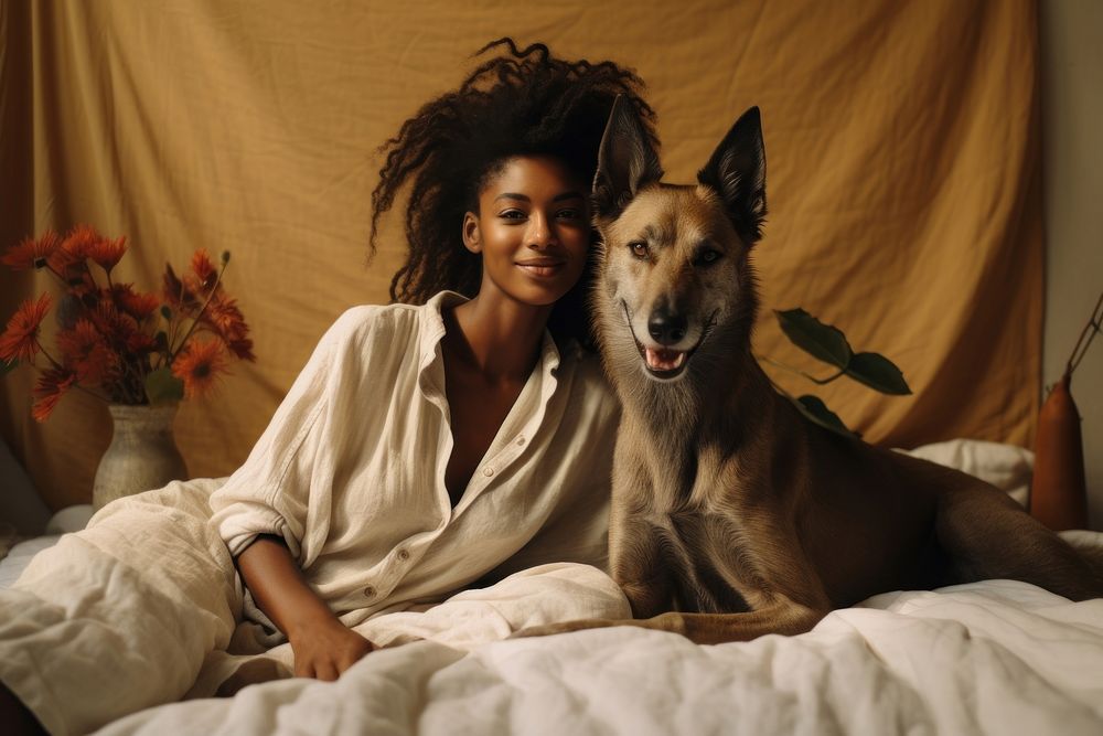 Happy african american woman bedroom dog portrait.